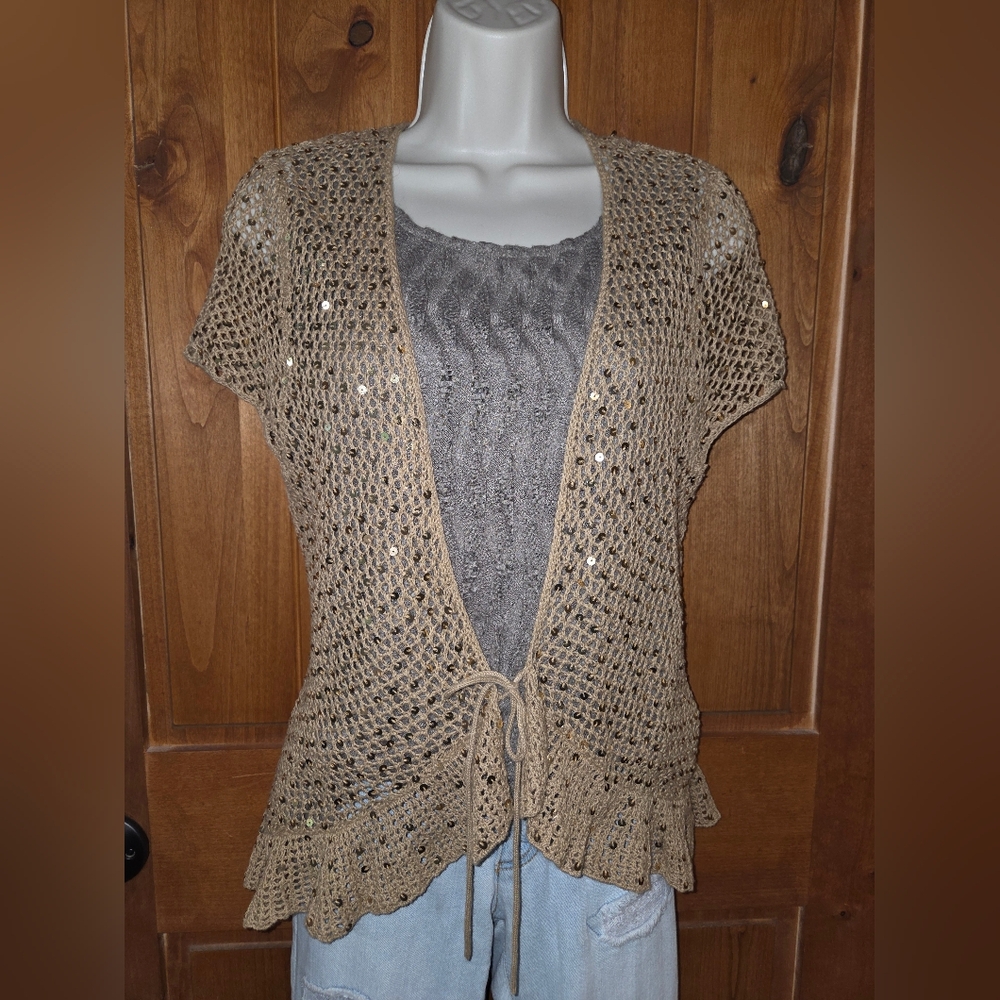 Faded Glory Tan Open-Front Cardigan with Sequins